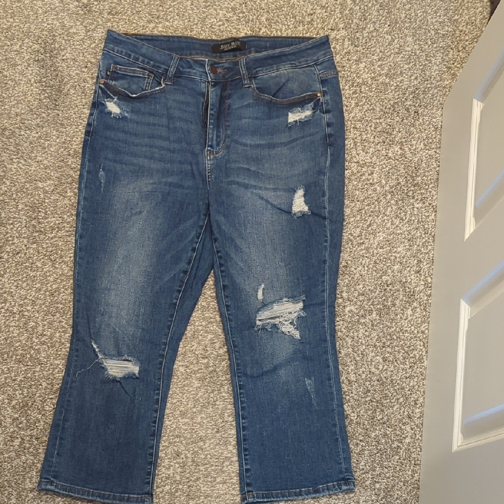 Judy Blue Dark Blue Distressed Straight Leg Capri Length Jeans